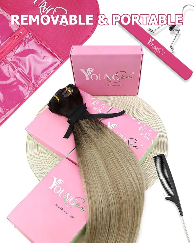YoungSee Clip in Human Hair Extensions Ombre Clip in Extensions Real Human Hair Medium Brown Ombre Golden Mix Platinum Blonde Balayage Hair Extension Clip ins Long Straight Hair 120G 22In 7Pcs