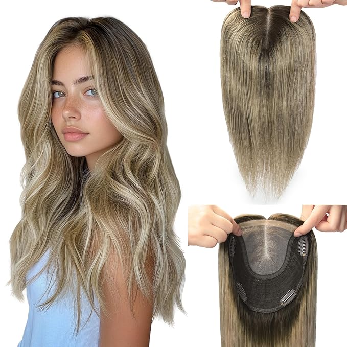 Hair Toppers for Women Real Human Hair 360°3D Cover Toppers Pieces for Women with Thinning 16inch 75g Dark Brown To Chestnut Brown Highlight Ash Blonde 6x7inch (#2/6/18Toppers-16inch)