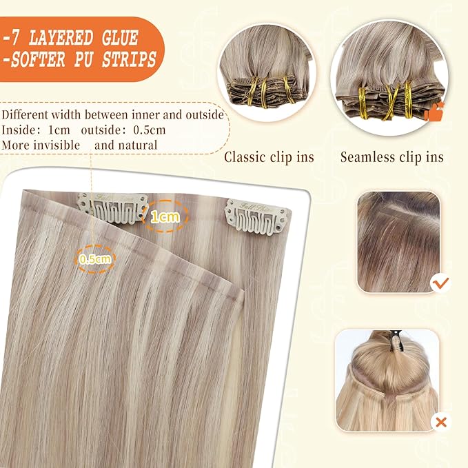 Full Shine Clip in Human Hair Extensions Ash Blonde Mix Platinum Blonde Seamless Clip in Hair Extensions Human Hair Straight Hair Invisible Soft with PU Weft 14 Inch 8 Pcs 120 G