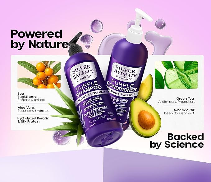 Silver Shine Sulfate Free Brass Toning Purple Shampoo and Conditioner Set for Gray, Blonde & White Hair – Neutralizes Brass, Enhances Shine, Supports Cool Tone, Made in USA, 16 fl oz