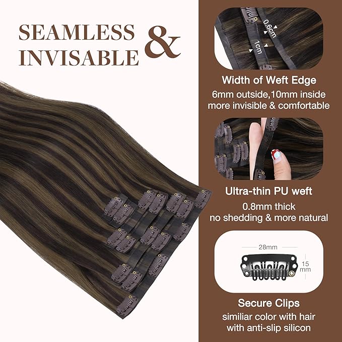 GOO GOO Clip in Hair Extensions Real Human Hair, Remy Human Hair Extensions Clip ins for Women, Natural Human Hair, 14inch 130g 9 Pcs, #2/6 Dark Brown Highlighted Chestnut Brown