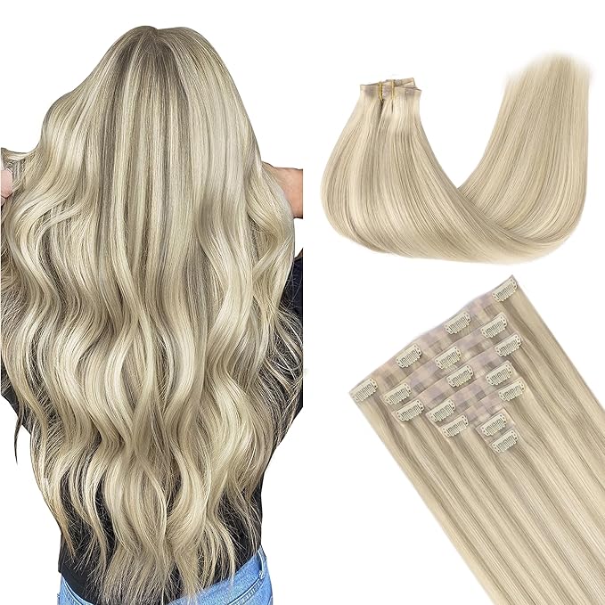 GOO GOO Clip in Hair Extensions Real Human Hair, Remy Human Hair Extensions Clip ins for Women, Natural Human Hair, 20inch 150g 7Pcs, 17A/60A Ash Blonde Highlighted Platinum Blonde