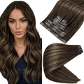 Full Shine Seamless Human Hair Clip in Extensions 14 Inch Ombre Dark Brown to Light Brown with Honey Blonde Clip in Hair Extensions for Women 8 PCS 120 Grams