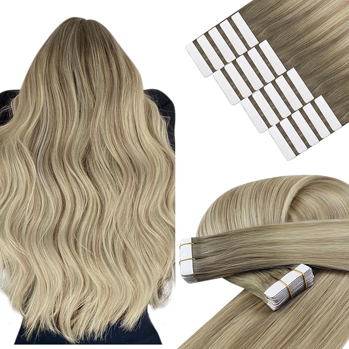 YoungSee Tape in Hair Extensions Human Hair Blonde 24 Inch Tape in Extensions Ash Blonde Ombre Platinum Blond Balayage Tape-on Hair Extension Real Human Hair Tapes ins Human Hair 24In 50g 20pcs