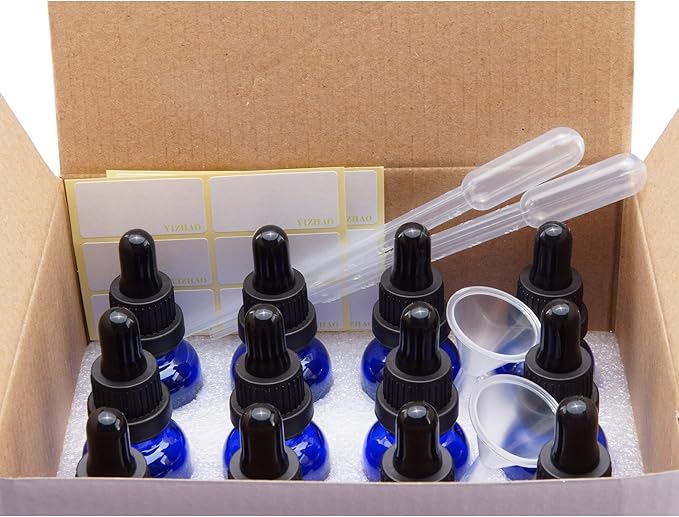 YIZHAO Blue Glass Dropper Bottle 1oz, Tincture Bottles with Glass Dropper, for Essential Oils, Aromatherapy, Cosmetic, Laboratory, Pharmacy, Liquids, Travel –12 Pcs