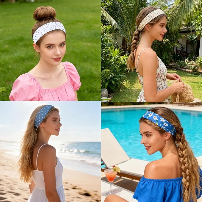 6 Pcs Anti-Slip Elastic Headbands for Women Soft Fabric Yoga Sweatbands with Floral Heart Print Stretchy, Sweat-Absorbent and Lightweight for Fitness, Running and Daily Wear