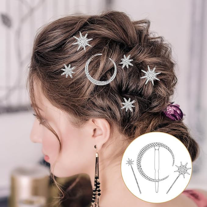 6 PCS Moon Star Hair Clips, Silver Hair Accessories, Vintage Hairs Clips, Silver HairPins, Star Hairs Clip Set for Women