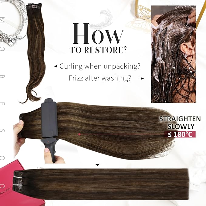 Moresoo Real Hair Extensions Clip in Human Hair Balayage Brown Long Clip in Human Hair Extensions Dark Brown Mixed with Chestnut Brown Ombre 7pcs 120G 24Inch