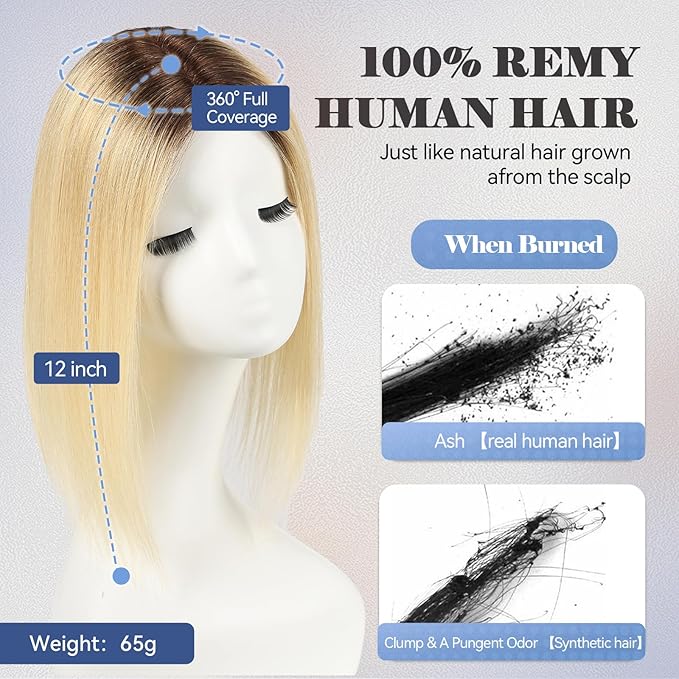 HAIRCUBE Hair Toppers for Women 100% Real Human Hair, Ombre Light Blonde, 6"*5.5"MONO Large Base,65g Hand-moven Real Human HairToppers for Women with ThinningHair