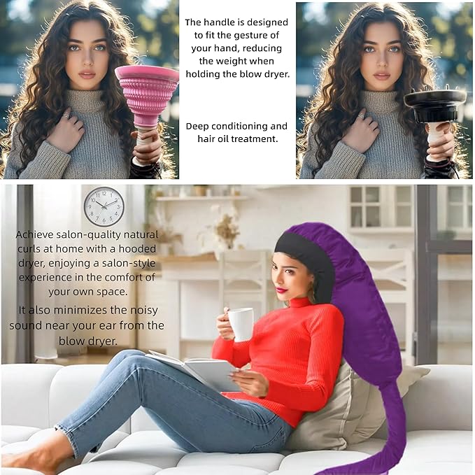 Hooded Hair Dryer for Curly Hair, Large Adjustable Blow Dryer Cap, Portable Hair Dryer Bonnet Attachment, Soft Diffuser for Fast Drying & Deep Conditioning, Headband Integrated Design (purple)