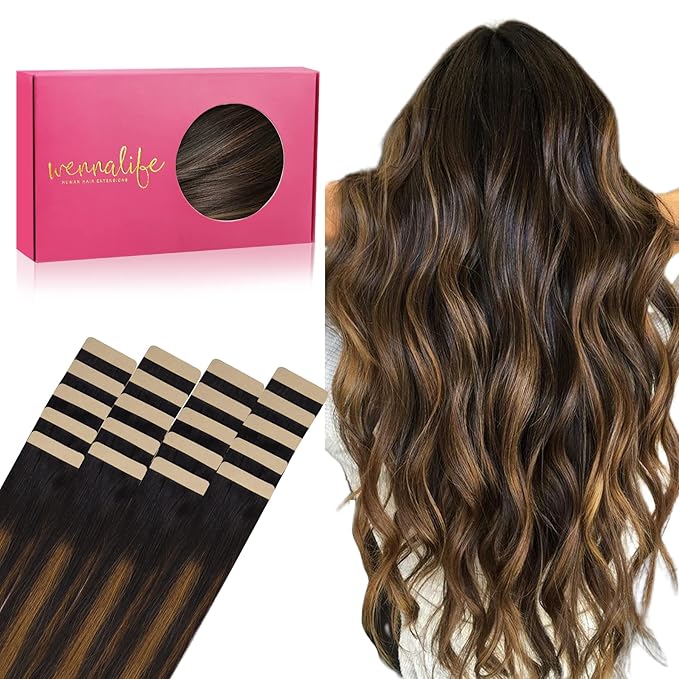 WENNALIFE Tape in Hair Extensions Human Hair, 20pcs 50g 20 inch Natural Black Mixed Chestnut Brown Remy Hair Extensions Straight Human Hair Tape in Extensions Skin Weft Tape Extensions Human Hair