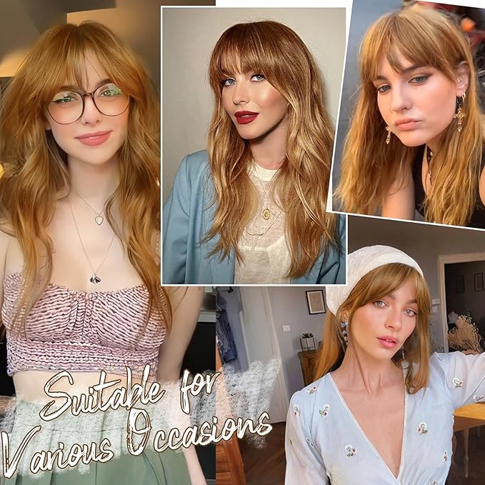 BARSDAR Human Hair Clip in Bangs - Real Human Hair Clip in Bangs for Women - Ginger Blonde French Bangs Extensions Fringe with Temples Real Hair Bangs Hairpieces - Golden Ginger Blonde