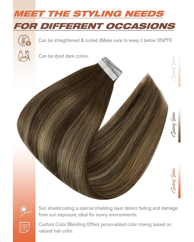 Sunny Hair Tape in Hair Extensions Real Human Hair Invisible Remy Hair Extensions Tape ins for Women Dark Brown Root to Caramel Blonde Balayage 22 inch 20Pcs 50G