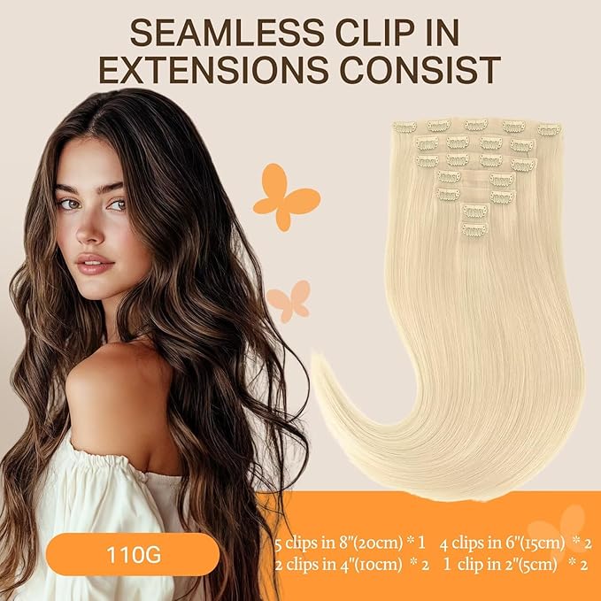 DOORES Seamless Clip in Human Hair Extensions, Bleach Blonde 7pcs 110g 20 Inch, Invisi Edge Real Hair Straight Weft Natural for Women