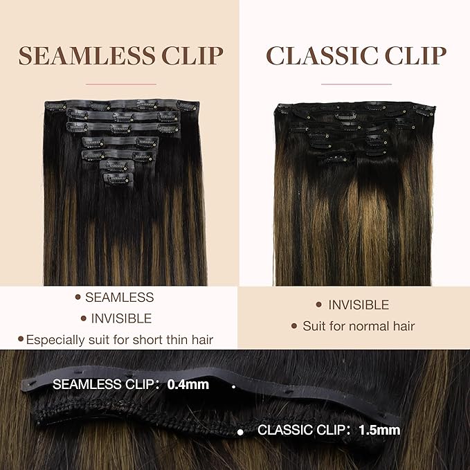 GOO GOO Clip in Hair Extensions Real Human Hair, Remy Human Hair Extensions Clip ins for Women, Natural Human Hair, 16inch 110g 7Pcs, 1B/6/1B Balayage Natural Black to Chestnut Brown