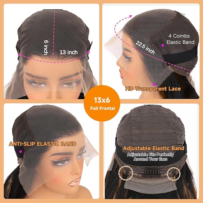 13x6 Balayage Highlight Lace Front Wig Human Hair 13x6 HD Lace Front Wigs Human Hair Pre Plucked Ombre Body Wave Wig 200% Density FB/27 Colored Frontal Wigs Glueless Wigs for Women 26 Inch