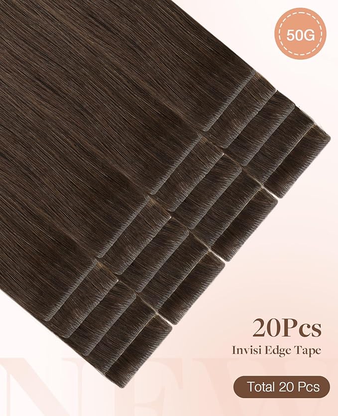 GOO GOO Invisi Edge Tape in Hair Extensions Human Hair, 4A Chocolate Brown 20pcs 24inch 50g, Virgin Remy Hair, Seamless Injected Tape, Natural Look