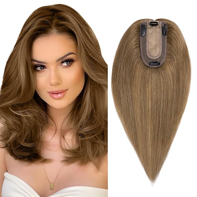 SEGO Real Human Hair Topper for Women, No Bangs Hair Topper with Anti-Slip Clips (16 Inches Light Brown)