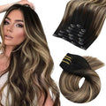 Moresoo Clip in Hair Extensions Real Human Hair Balayage Double Weft Clip in Extensions Human Hair for Long Straight Ombre Black to Brown with Caramel Blonde 7pcs 120g 24inch