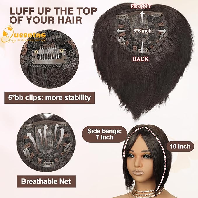 QUEENTAS Brown Hair Topper for Women with Thinning Hair Pieces 6"*6"Large Coverage 360°3D Cover Silver Synthetic Short Bob with 5 Clips in Wiglets(Brown)