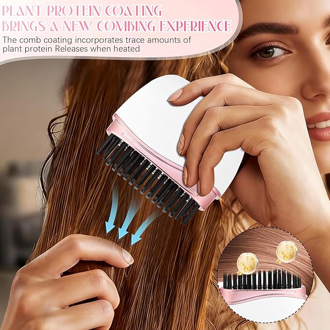 Mini Straightener, Cordless Rechargeable Portable Straightening Comb, Portable Rapid-Heat with 3 Temp Settings, Heat-Resistant Shell for Travel(Pink)