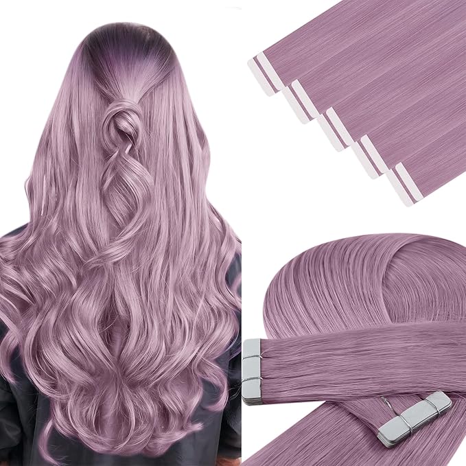 YoungSee Tape in Hair Extensions Real Human Hair Purple 18In Human Hair Tape in Extensions Lavender Invisible Tape on Hair Extension 10pcs Light Purple for Cosplay 25g