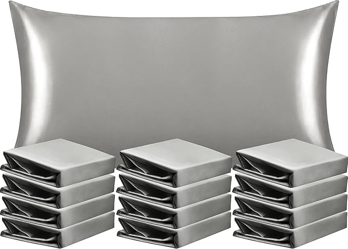 NTBAY 12 Pack Satin King Pillowcases for Hair and Skin, Luxurious and Silky Pillow Cases with Envelope Closure, 20 x 36 Inches, Grey