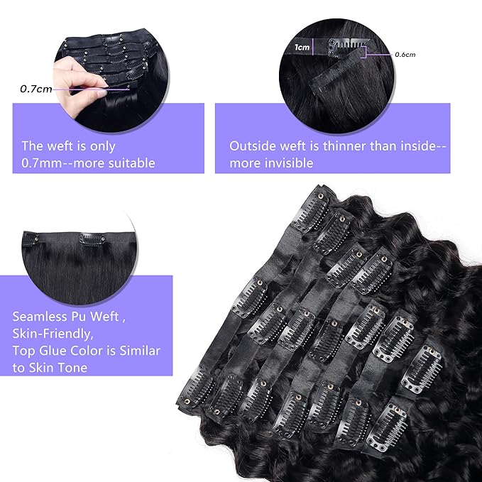 Seamless Clip in Hair Extensions Real Human Hair Deep Wave Brazilian Virgin Human Hair Clip in Extensions for Women 8Pcs PU Remy Hair Skin Weft with 18Clips 120g 24inch Natural Black