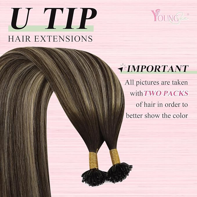 YoungSee Utip Hair Extensions Ombre Dark Brown with Ash Blonde U Tips Hair Extensions Human Hair Ombre 24In 1G/S 50G