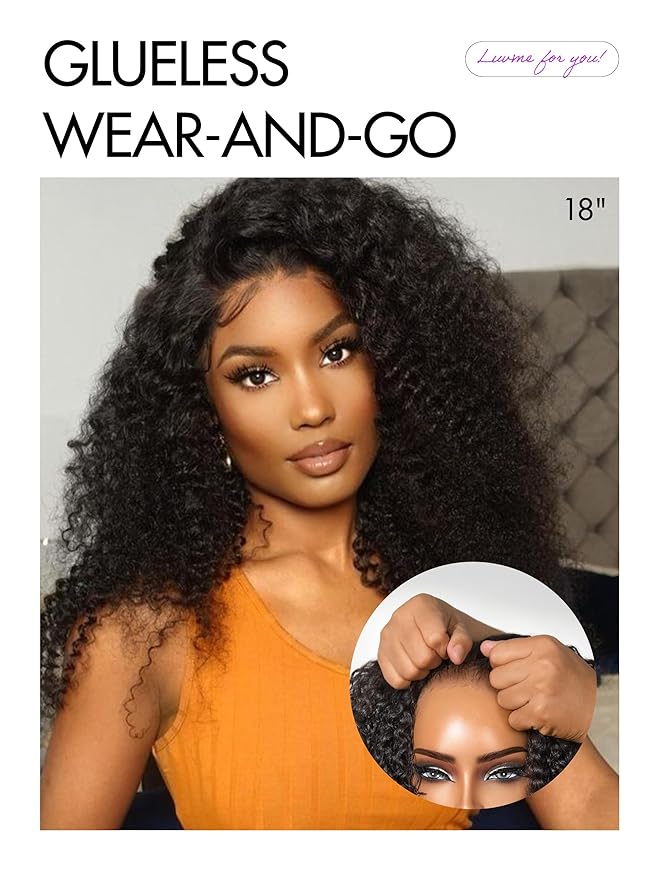 LUVME HAIR 5X5 Kinky Curly 200% Human Hair Wigs Glueless Lace Front 16 Inches Pre Cut Plucked Hd Lace Wig Ready To Go Natural Color Flexi-Fit Drawstring Cap Bleached Knots Black Wigs