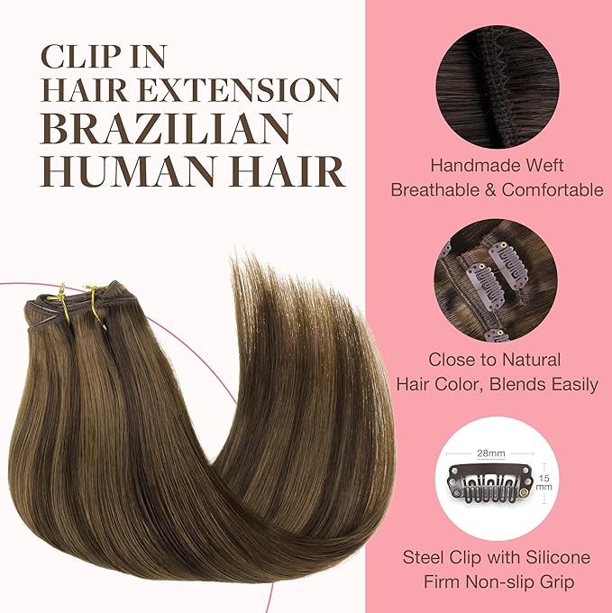 GOO GOO Clip in Hair Extensions Real Human Hair, Remy Human Hair Extensions Clip ins for Women, Natural Human Hair, 16inch 120g 7Pcs, 2C/4E/6C Brown Sugar Swirl Highlights