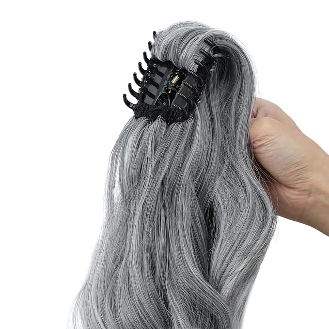 Claw Clip Ponytail Extension 18" Clip in Wavy Ponytail Hair Extensions Long Pony Tails for Women Extensions Black to White Wave Hairpiece