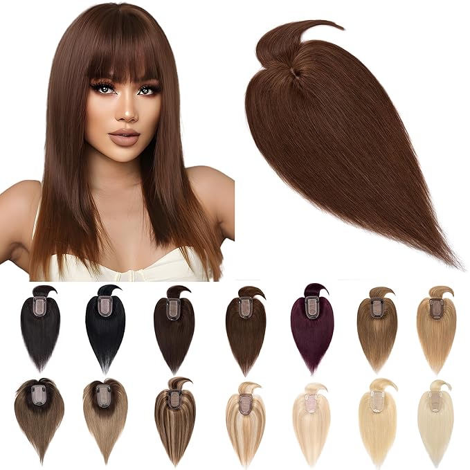 SEGO Hair Toppers for Women Real Human Hair With Bangs, 7 * 13CM Silk Base 100% Remy Human Hair Clip in Top Wiglet Hairpieces Add Volume -10 Inch Medium Brown