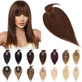 SEGO Hair Toppers for Women Real Human Hair With Bangs, 7 * 13CM Silk Base 100% Remy Human Hair Clip in Top Wiglet Hairpieces Add Volume -12 Inch Medium Brown
