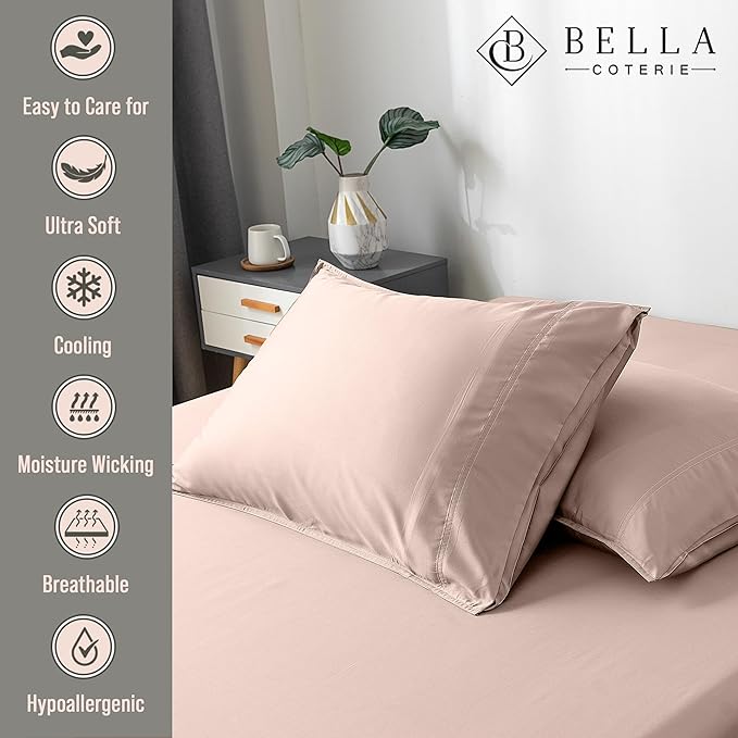 Bella Coterie | Luxury Bamboo Viscose King Size Pillowcase Set | 100% Organically Grown | Ultra Soft | Cooling | 2 Pcs [Dusty Rose]