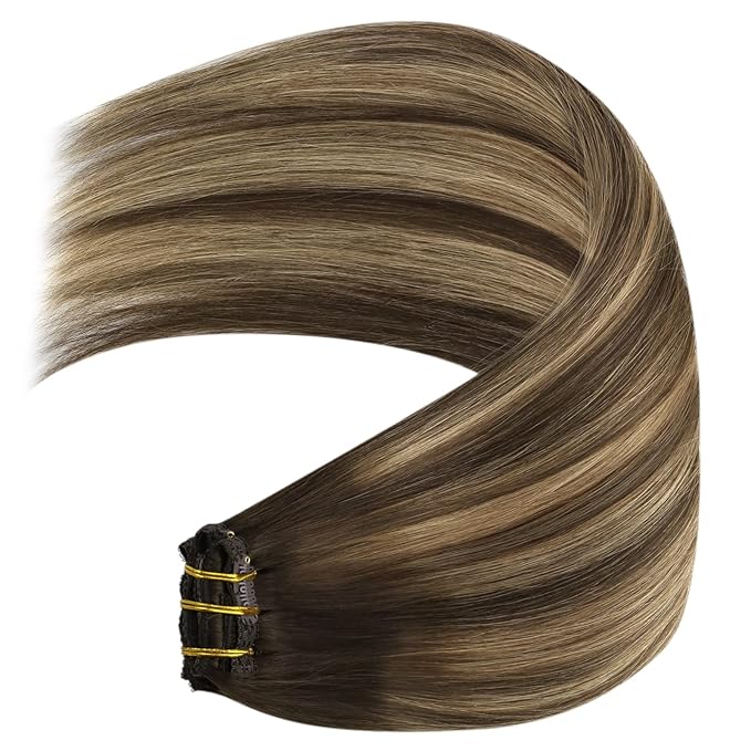 YoungSee Clip in Hair Extensions Human Hair Balayage Brown Human Hair Clip in Extensions Balayage Chocolate Brown Mix Caramel Blonde Full Head Clip ins Real Hair Extension Add Length 120G 20Inch