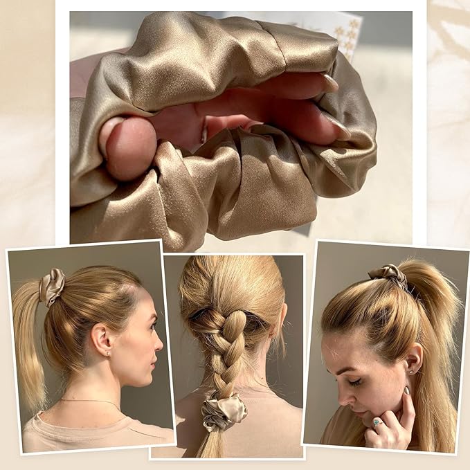 LILYSILK Silk Hair Scrunchies Ties for Frizz & Breakage Prevention 100% Mulberry Elastic Ponytail Holder 5PC (ivory+light coffee+pale pink+coffee+gravel gold)