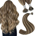 YoungSee Nano Beads Hair Extensions Human Hair Dark Brown with Caramel Blonde No Glue Nano Loop Hair Extensions Real Human Hair Pre Bonded Nano Hair Extension Highlight Brown 20in 50grams 50strands