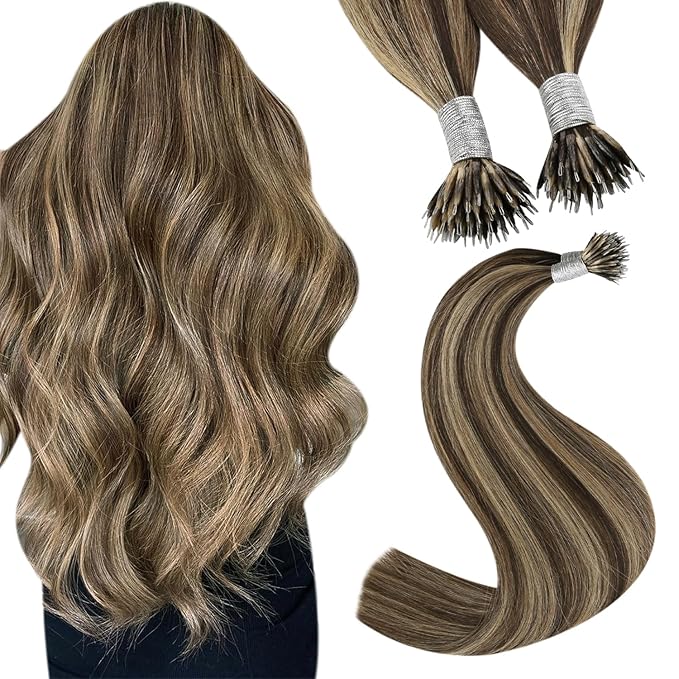 YoungSee Nano Beads Hair Extensions Human Hair Dark Brown with Caramel Blonde No Glue Nano Loop Hair Extensions Real Human Hair Pre Bonded Nano Hair Extension Highlight Brown 20in 50grams 50strands