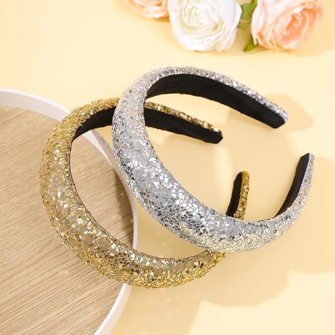 Sequin Headbands for Women Girls,2PCS Sparkle Wide Padded Headband Gold Sliver,Fashion Glitter Hairbands Hair Hoops Comfortable for Daily Prom Party Head Accessories