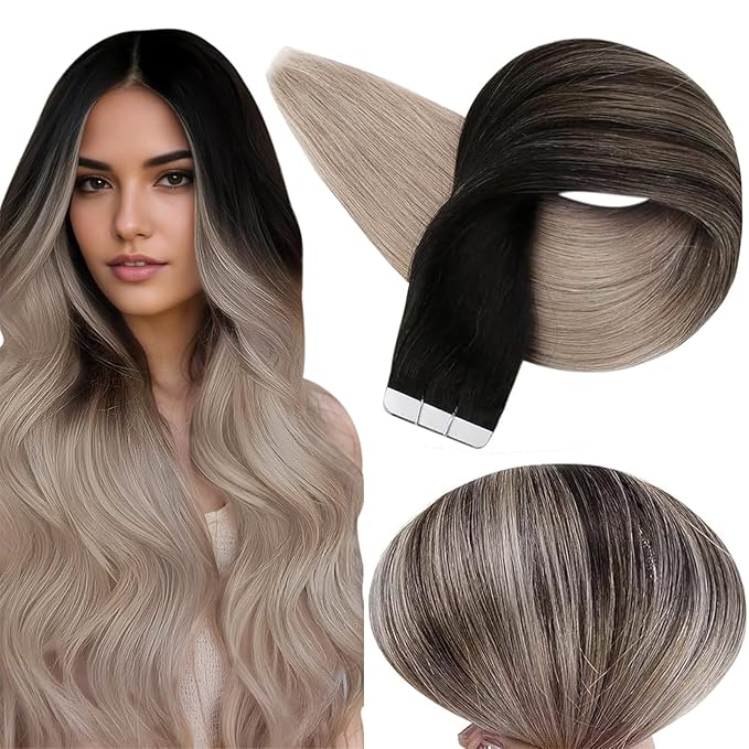Full Shine Ombre Tape in Hair Extensions 12Inch Real Human Hair Tape in Extensions Color 1B/18 Black Fading to Ash Blonde Balayage Hair Extension Real Human Hair 20Pcs 30G Seamless Skin Weft Soft Hair