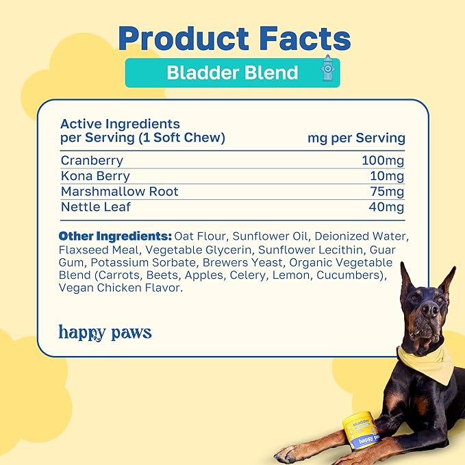 Happy Paws Bladder Supplement for Dogs, Urinary Support Soft Chews for All Breeds & Ages, Kidney Wellness Support with Cranberry & Antioxidants, Vegan Chicken Flavor, (100 Chews)