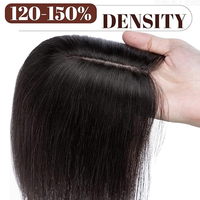 SEGO Real Human Hair Topper for Women, No Bangs Hair Topper with Anti-Slip Clips (10 Inch#1B Natural black)