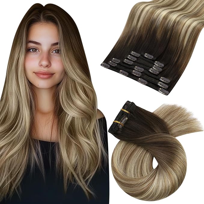 Moresoo Hair Extensions Clip ins Dark Brown Balayage Clip in Hair Extensions Ombre Medium Brown to Bleach Blonde Natural Human Hair Clip in Extensions Real Human Hair Long 7Pcs 120G 24 Inch