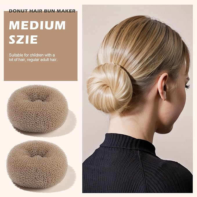 Teenitor Donut Hair Bun Maker Set, 7 Pieces Hair Bun Makers (1 extra-large, 2 large, 2 medium and 2 small), 5 pieces Hair Elastic Bands, 20 pieces Hair Pins, Tan Color