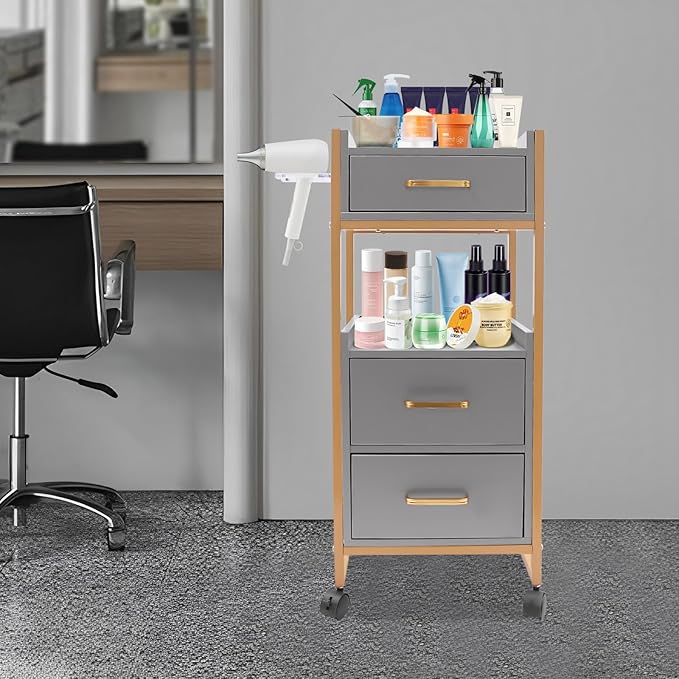 Beauty Salon Tool Organizer, Salon Trolley with Lockable Wheels Barber Cart, Make-Up Organizer Beauty Equipment Storage Trolley with Hair Dryer Rack for Spa, Barber Store, Beauty Salon (Gold, Grey)
