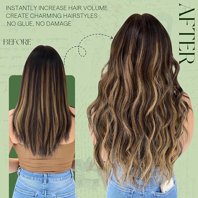 RUNATURE Real Human Hair Clip in Extensions 24 inch, Balayage Clip in Hair Extensions, Long Hair Extensions Clip Ins, Remy Natural Hair, Add Hair Length, 135g 7pcs #1B/6/27 Black Ombre to Blonde