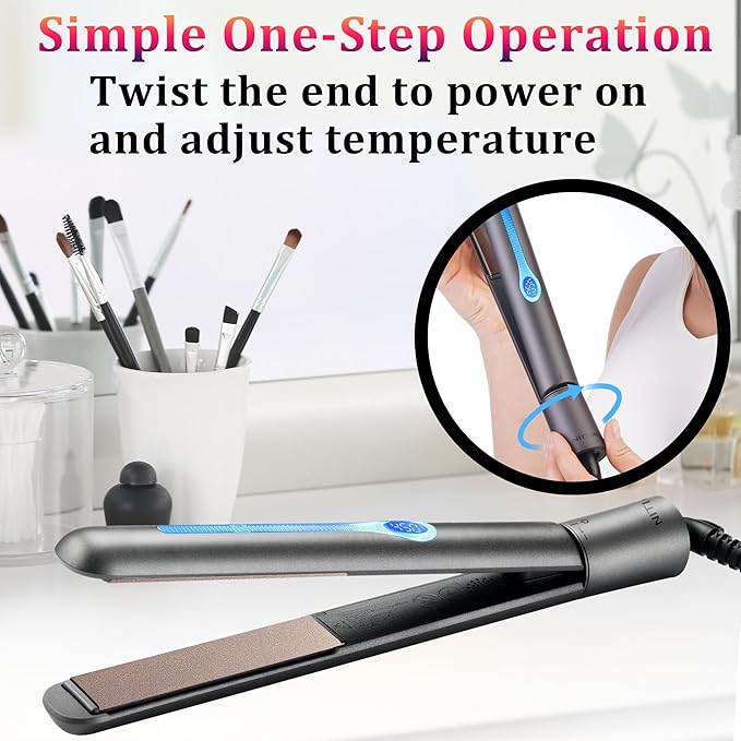 NITION Ceramic Tourmaline Hair Straighteners LCD Flat Iron MCH 10s Fast Heating Up. 1" Smooth 3D Floating Plate Healthy Straightening Tools. Travel Pouch Bag. Dual Voltage. Luxury Gift Box. Black