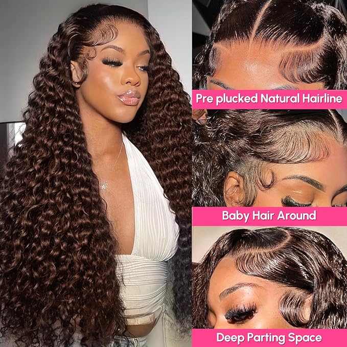 Chocolate Brown Lace Front Wig 13x6 Deep Wave Lace Front Wigs Human Hair Pre Plucked Brown Wig Human Hair 210 Density Frontal Wigs Human Hair Glueless Wig For Women