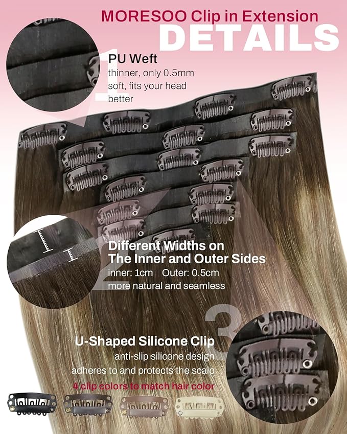 Moresoo Seamless Clip in Hair Extensions Human Hair Balayage Remy Straight PU Weft Human Hair Clip in Extensions Full Head Ombre Brown to Light Brown with Golden Blonde 7pcs/120g 22inch